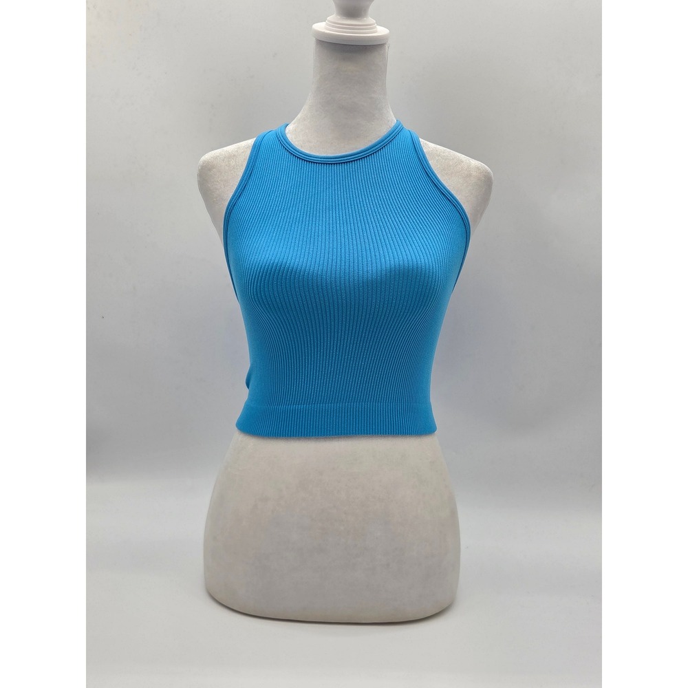 Zenana Women's S/M Blue Ribbed Racerback Cropped Tank Top 101-483